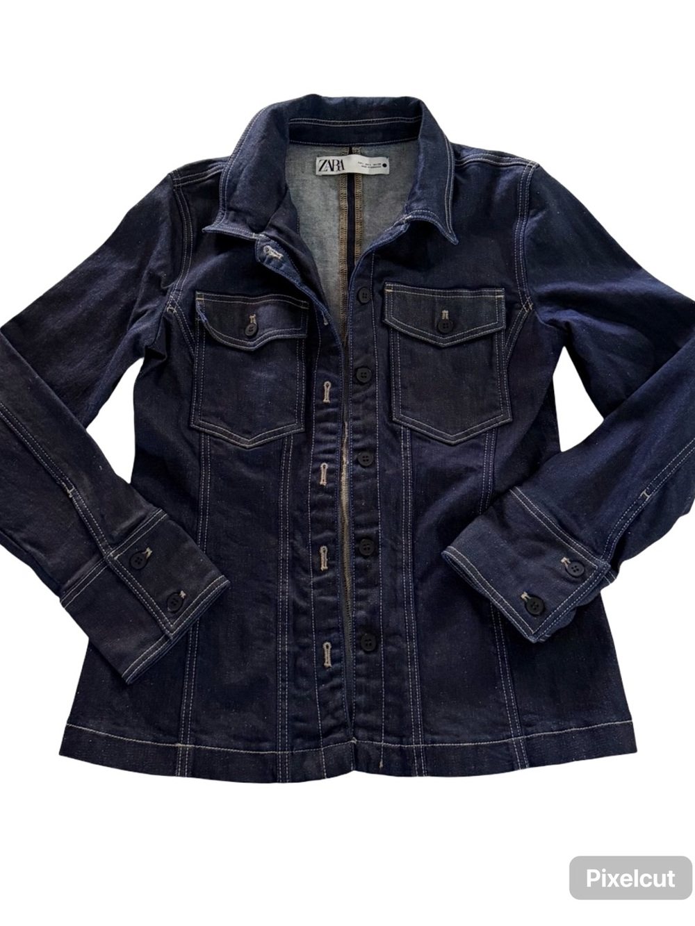 Zara Navy Blue Denim Jacket with Contrast Stitching